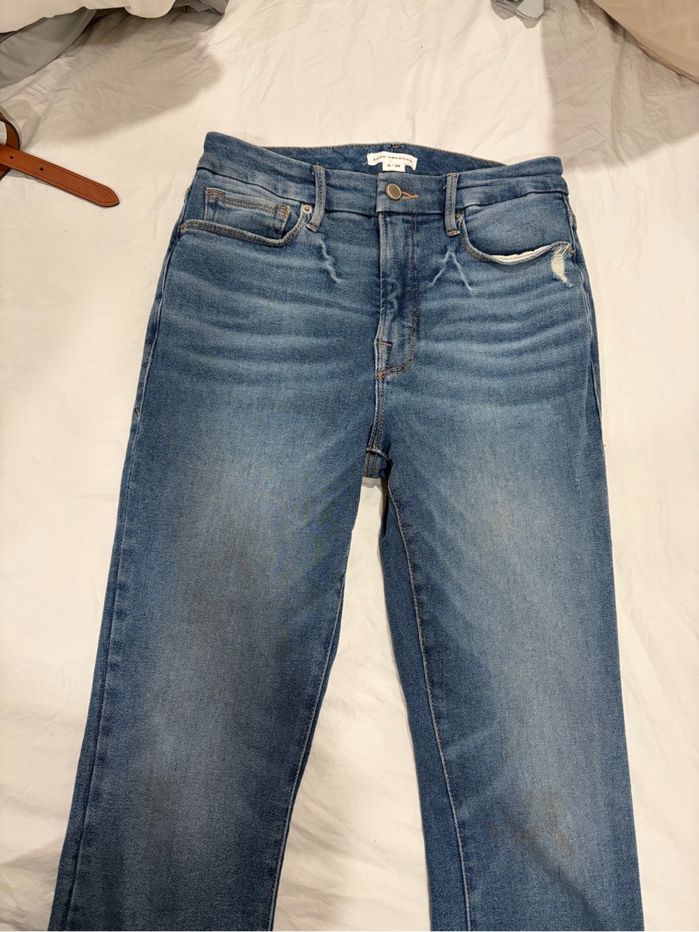 Good American Medium Blue Straight Leg Distressed Jeans